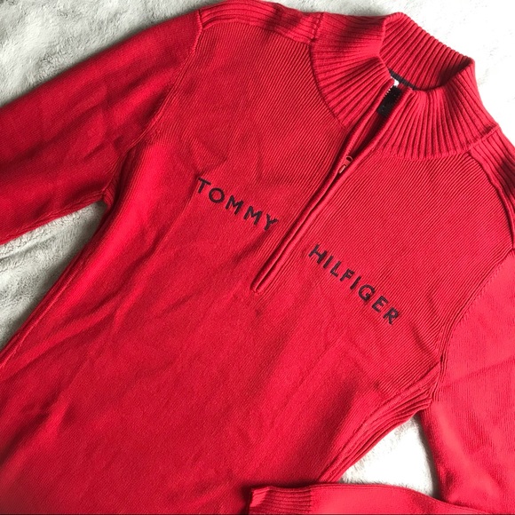 Tommy Hilfiger Tops - VTG Tommy Hilfiger Zip Pullover Red Logo 2000s